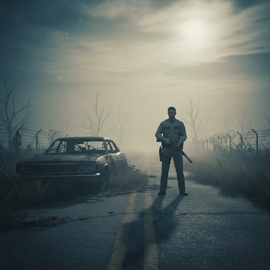 Lone survivor on a desolate rural road at dawn